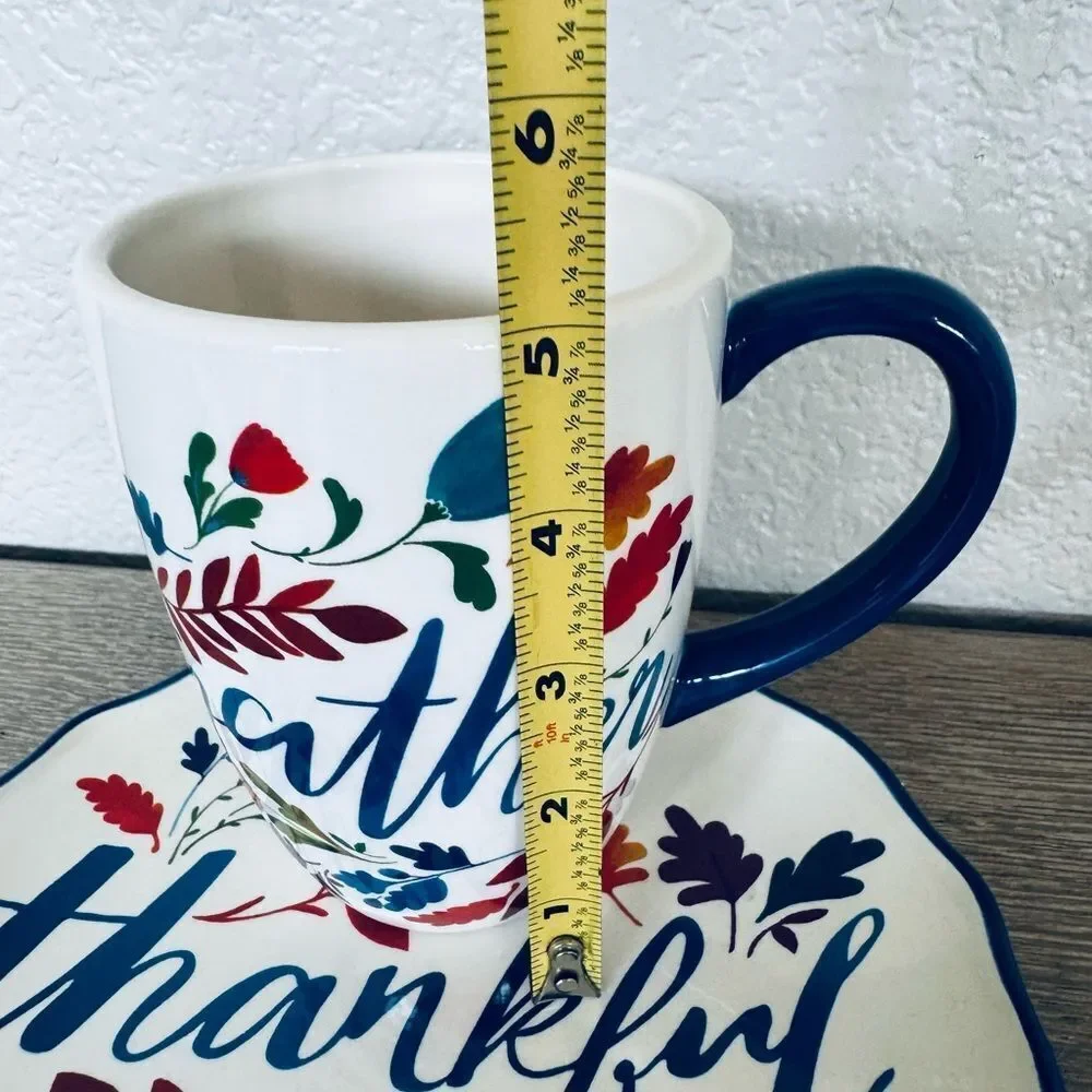 Fall Autumn Gather Thankful Ceramic Serving Plate Coffee Mug Cup Set
